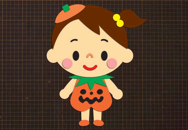 無料ダウンロード型紙で ハロウィン 女の子 の壁面飾りを作ってみた 秋 冬 10月 11月 かぼちゃ 衣装 仮装 保育園 幼稚園 介護施設 デイサービス 壁面装飾 製作 壁面飾り型紙工房